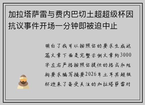加拉塔萨雷与费内巴切土超超级杯因抗议事件开场一分钟即被迫中止