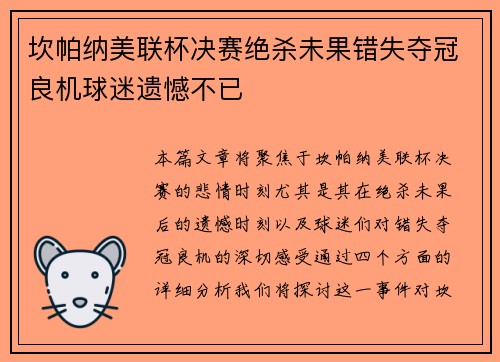 坎帕纳美联杯决赛绝杀未果错失夺冠良机球迷遗憾不已