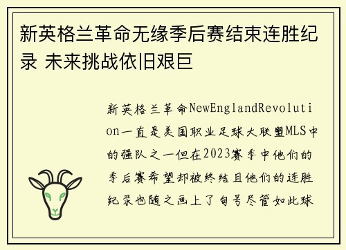 新英格兰革命无缘季后赛结束连胜纪录 未来挑战依旧艰巨